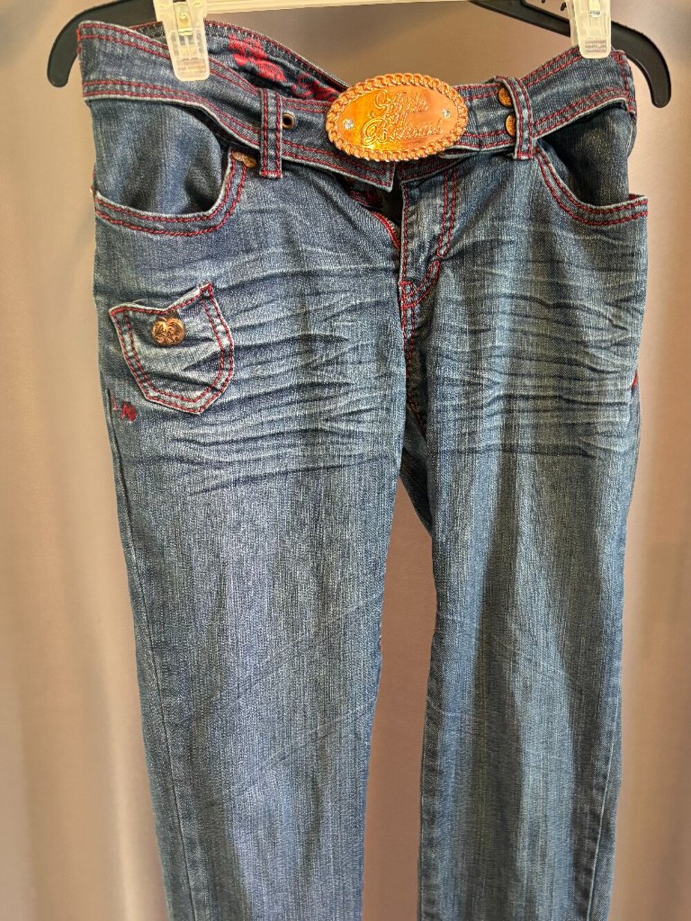 intage Apple Bottoms Y2K Red Contrast Stitch Whiskered Flare Jeans Size 7/8
